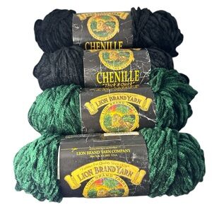 VTG Lion Brand Chenille “Thick & Quick Prints” lot of 4 green & black